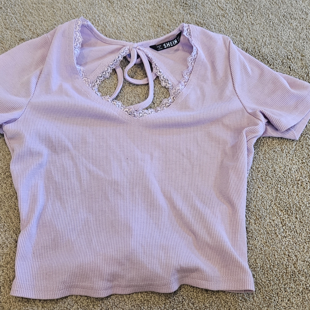 SHEIN Lavender Lace Detail Ribbed Blouse